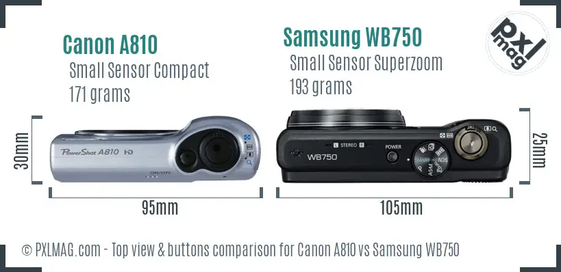 Canon A810 vs Samsung WB750 top view buttons comparison