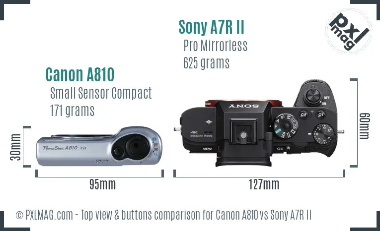 Canon A810 vs Sony A7R II top view buttons comparison