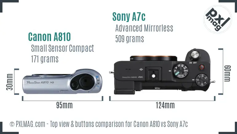 Canon A810 vs Sony A7c top view buttons comparison