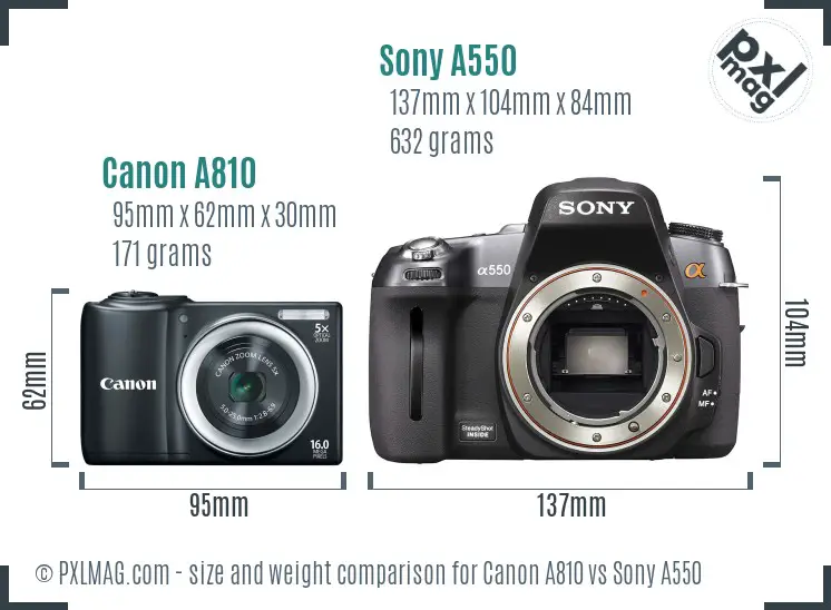 Canon A810 vs Sony A550 size comparison