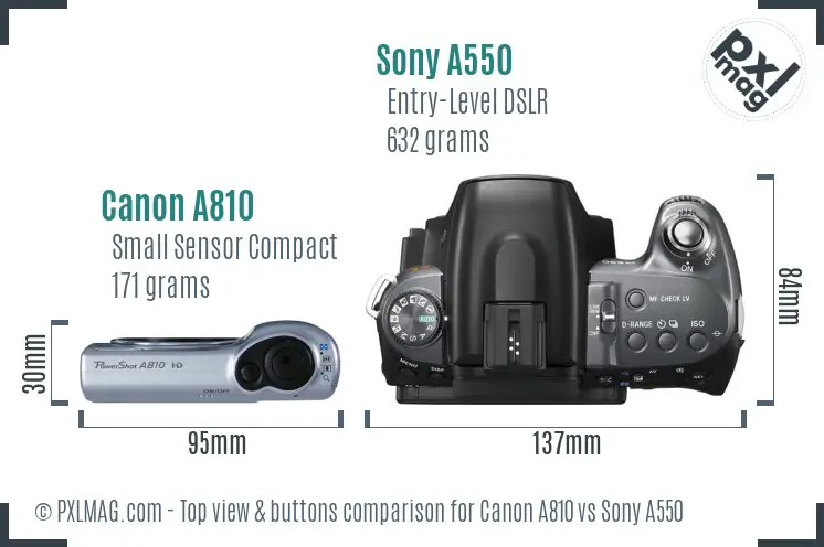 Canon A810 vs Sony A550 top view buttons comparison