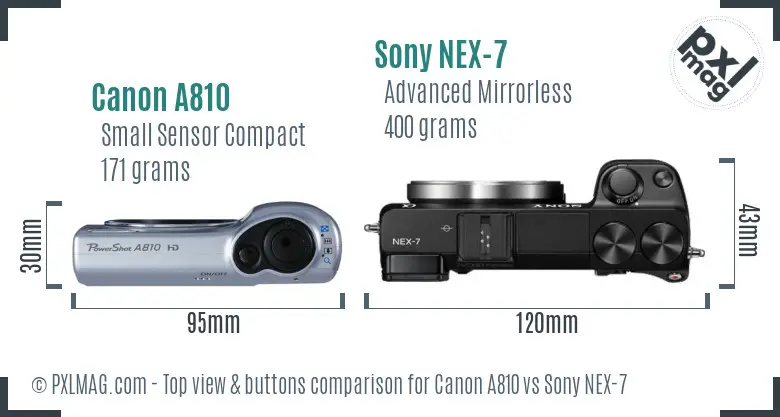 Canon A810 vs Sony NEX-7 top view buttons comparison