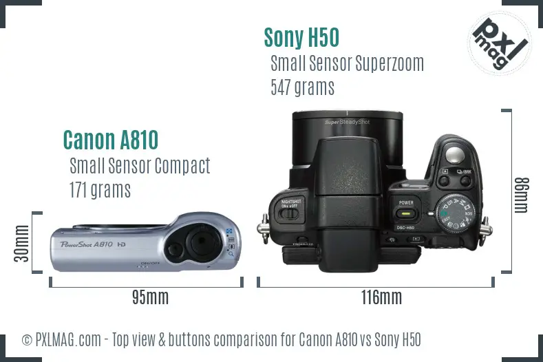 Canon A810 vs Sony H50 top view buttons comparison