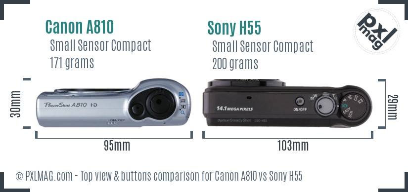 Canon A810 vs Sony H55 top view buttons comparison