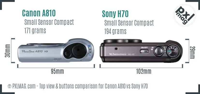 Canon A810 vs Sony H70 top view buttons comparison Canon A810 vs Sony H70 top view buttons comparison