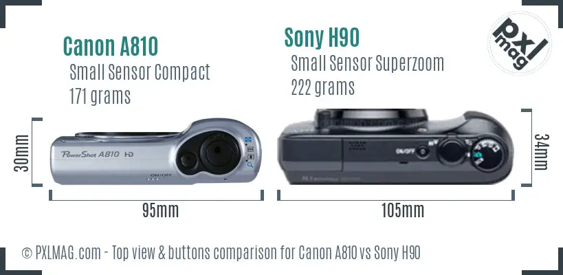 Canon A810 vs Sony H90 top view buttons comparison