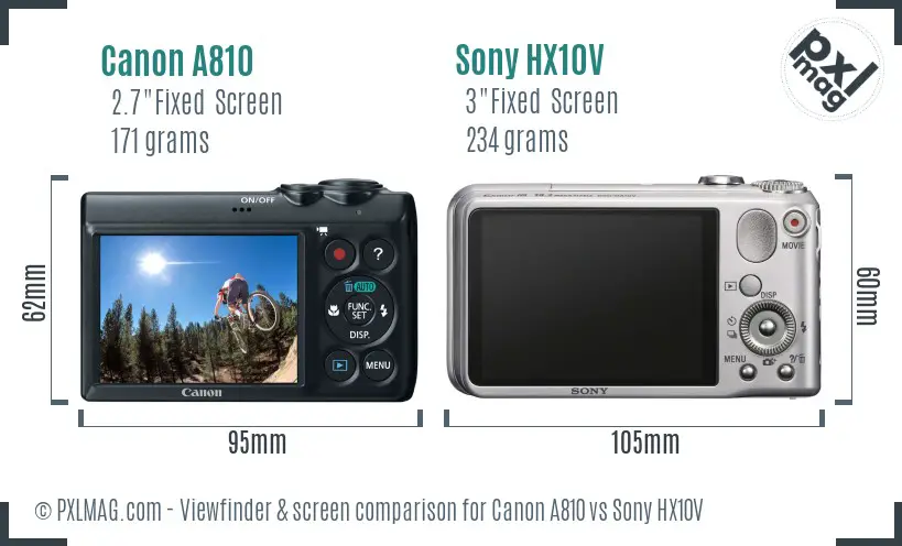 Canon A810 vs Sony HX10V Screen and Viewfinder comparison