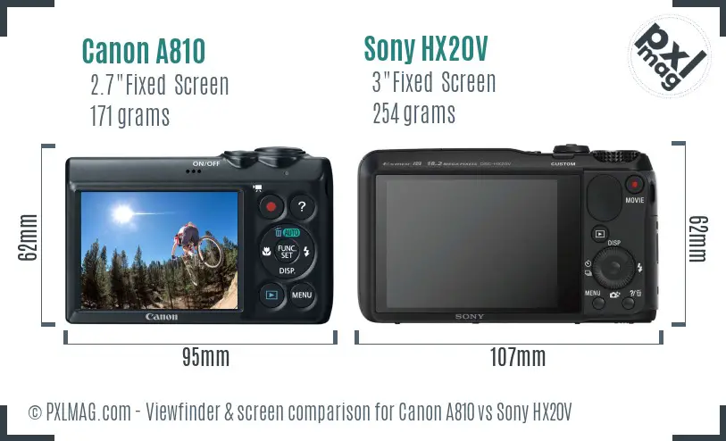 Canon A810 vs Sony HX20V Screen and Viewfinder comparison