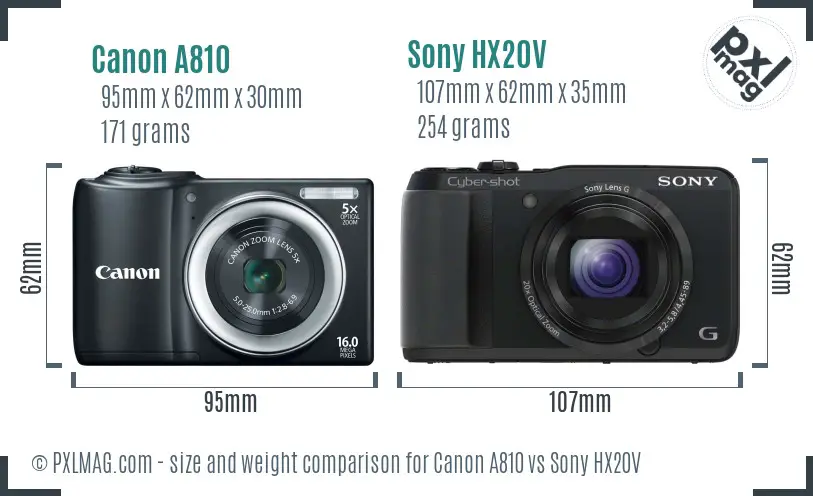 Canon A810 vs Sony HX20V size comparison
