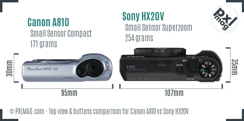 Canon A810 vs Sony HX20V top view buttons comparison
