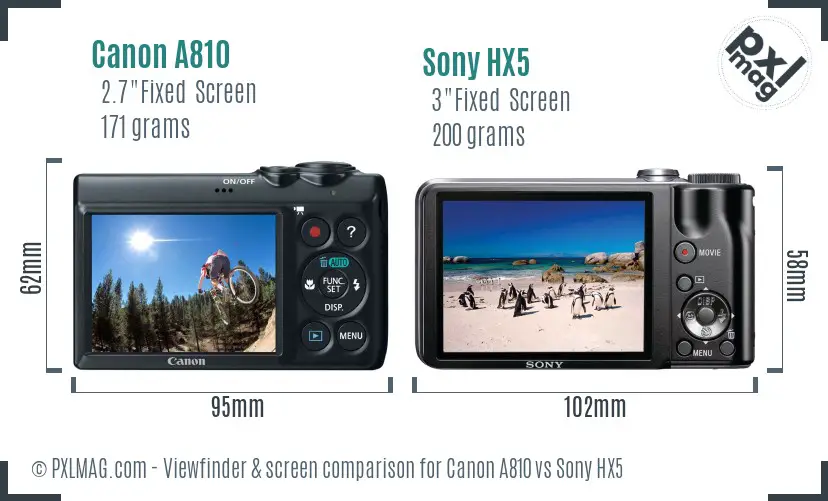 Canon A810 vs Sony HX5 Screen and Viewfinder comparison