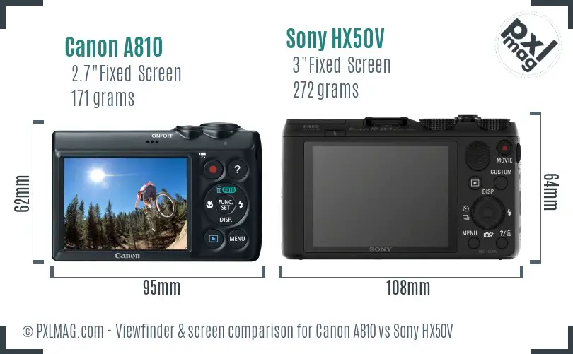 Canon A810 vs Sony HX50V Screen and Viewfinder comparison