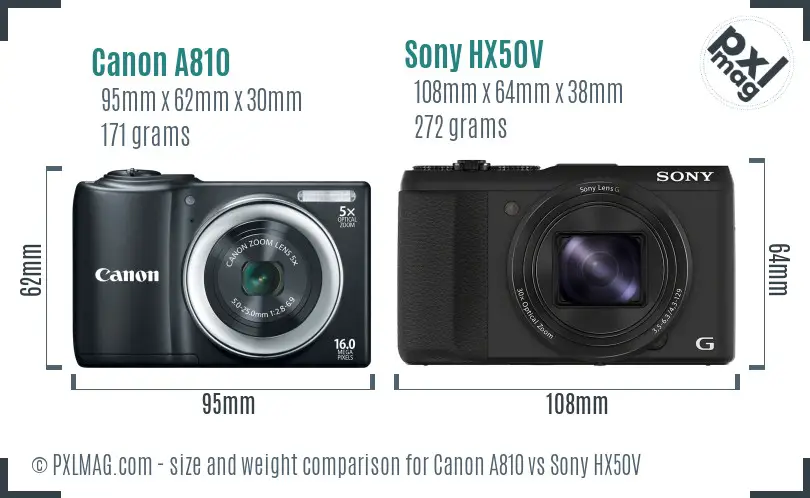 Canon A810 vs Sony HX50V size comparison