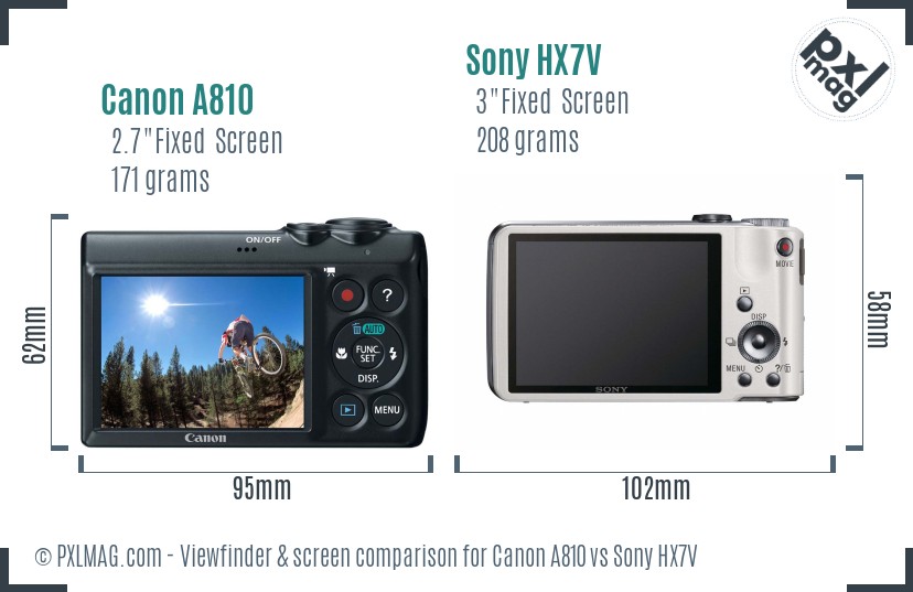 Canon A810 vs Sony HX7V Screen and Viewfinder comparison
