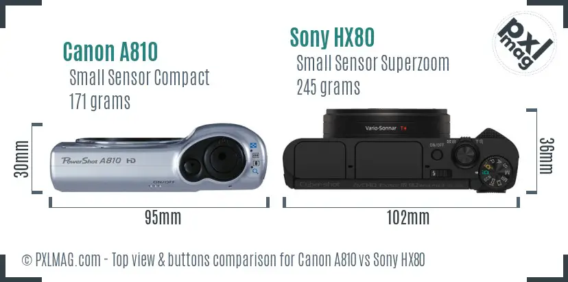Canon A810 vs Sony HX80 top view buttons comparison Canon A810 vs Sony HX80 top view buttons comparison