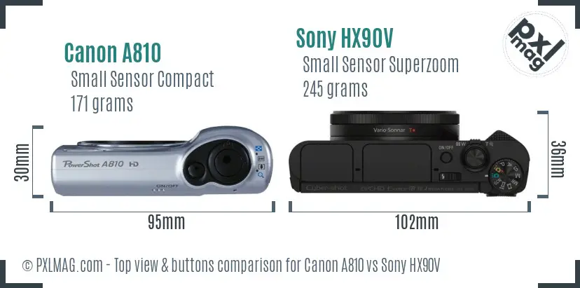 Canon A810 vs Sony HX90V top view buttons comparison