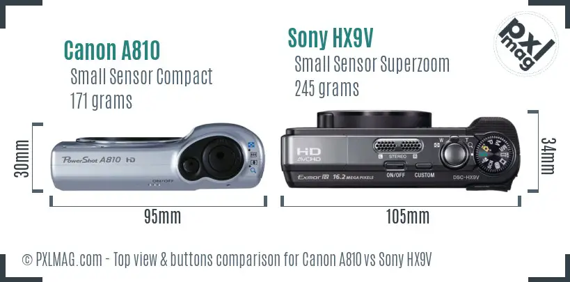 Canon A810 vs Sony HX9V top view buttons comparison