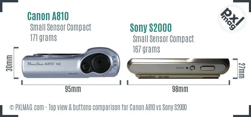 Canon A810 vs Sony S2000 top view buttons comparison
