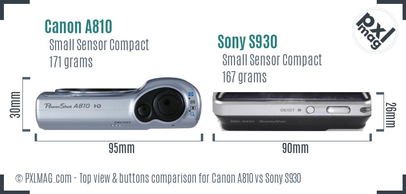 Canon A810 vs Sony S930 top view buttons comparison