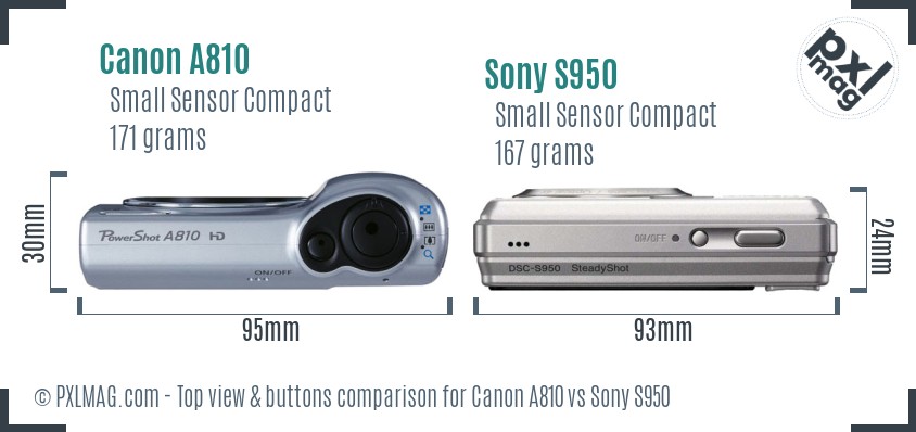 Canon A810 vs Sony S950 top view buttons comparison