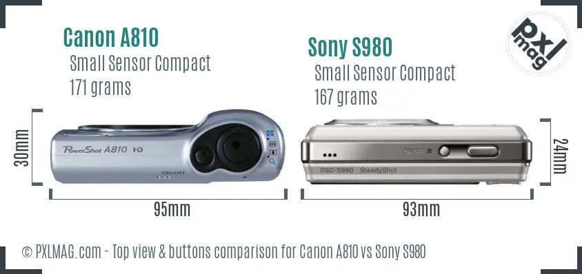 Canon A810 vs Sony S980 top view buttons comparison