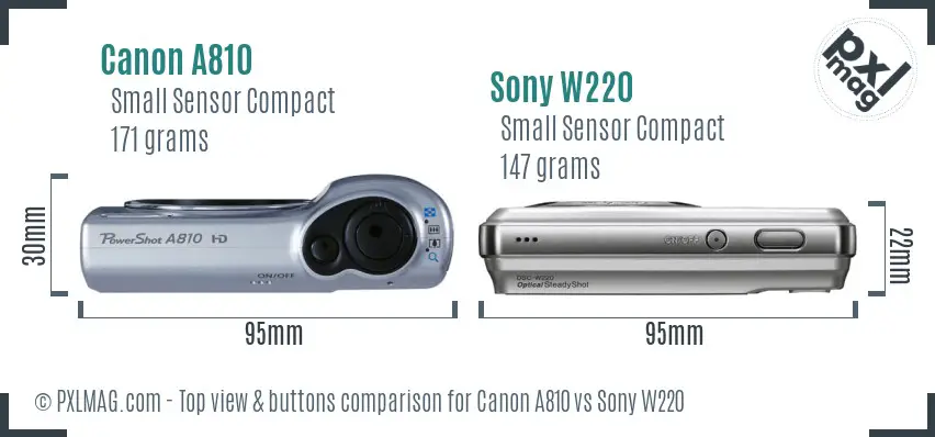 Canon A810 vs Sony W220 top view buttons comparison Canon A810 vs Sony W220 top view buttons comparison