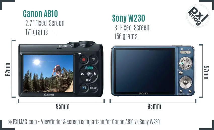 Canon A810 vs Sony W230 Screen and Viewfinder comparison