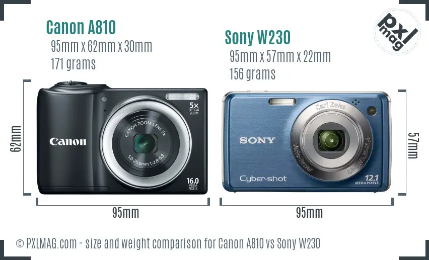 Canon A810 vs Sony W230 size comparison
