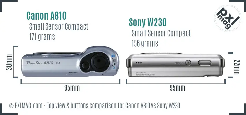 Canon A810 vs Sony W230 top view buttons comparison