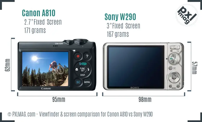 Canon A810 vs Sony W290 Screen and Viewfinder comparison