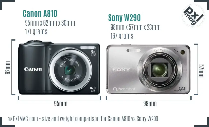 Canon A810 vs Sony W290 size comparison
