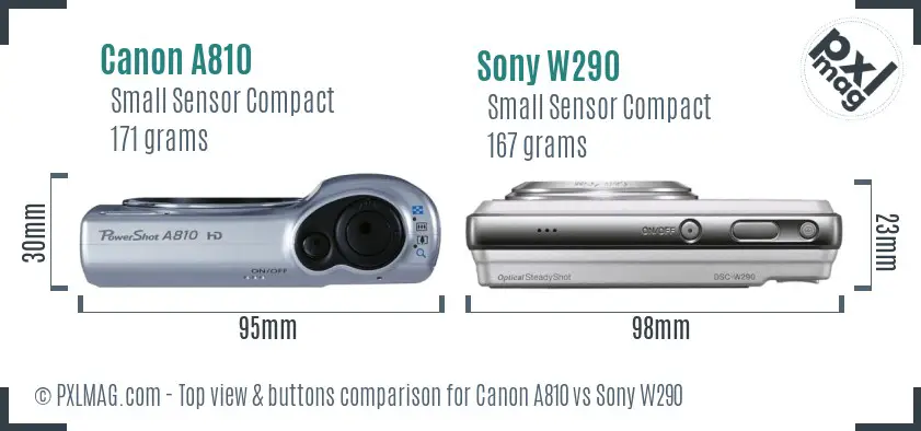 Canon A810 vs Sony W290 top view buttons comparison