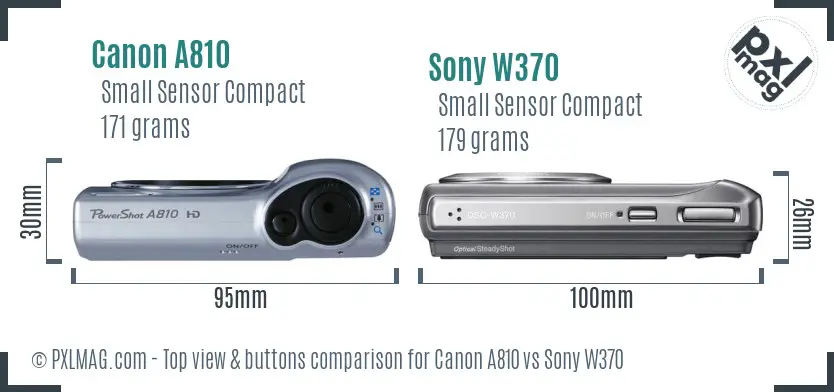 Canon A810 vs Sony W370 top view buttons comparison