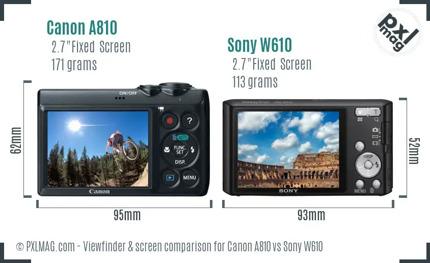 Canon A810 vs Sony W610 Screen and Viewfinder comparison