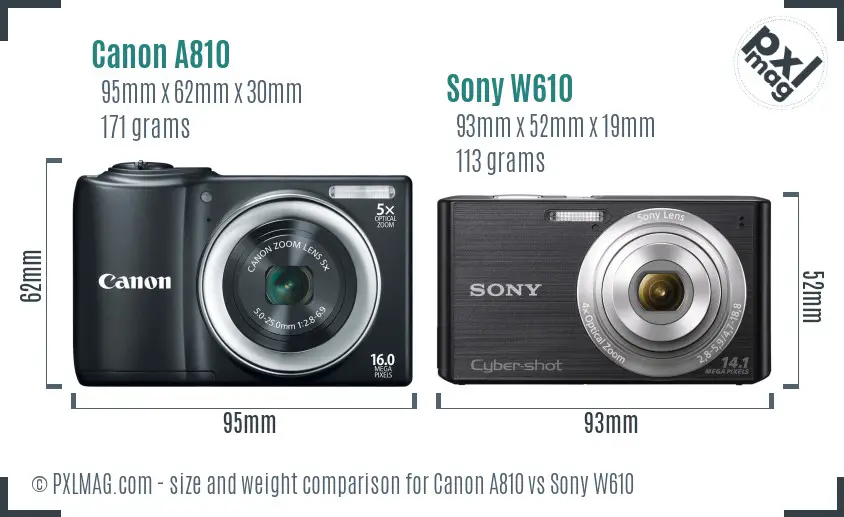 Canon A810 vs Sony W610 size comparison