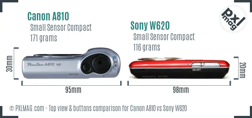 Canon A810 vs Sony W620 top view buttons comparison Canon A810 vs Sony W620 top view buttons comparison