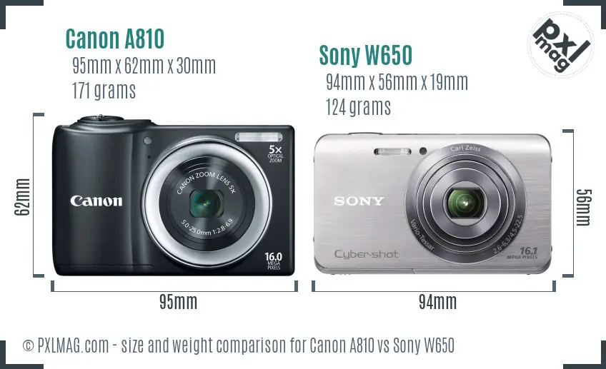 Canon A810 vs Sony W650 size comparison