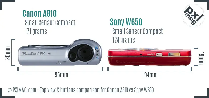 Canon A810 vs Sony W650 top view buttons comparison