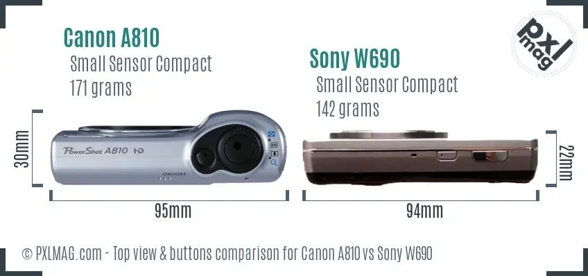 Canon A810 vs Sony W690 top view buttons comparison Canon A810 vs Sony W690 top view buttons comparison