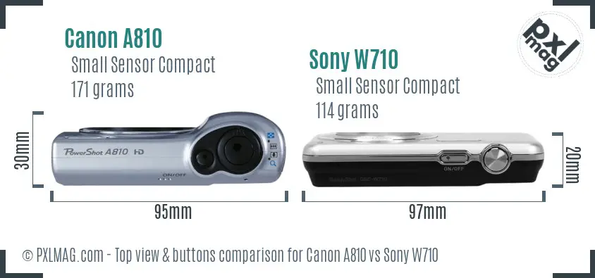 Canon A810 vs Sony W710 top view buttons comparison