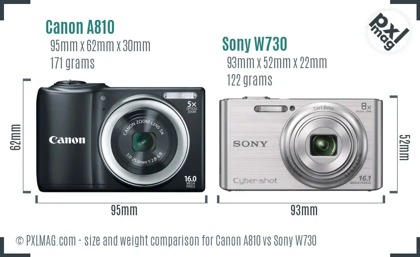 Canon A810 vs Sony W730 size comparison