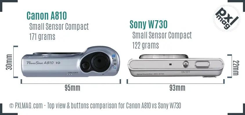 Canon A810 vs Sony W730 top view buttons comparison
