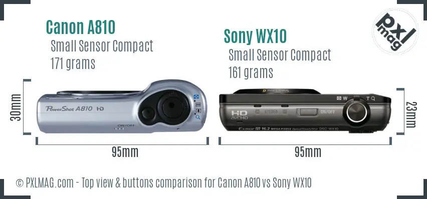Canon A810 vs Sony WX10 top view buttons comparison Canon A810 vs Sony WX10 top view buttons comparison