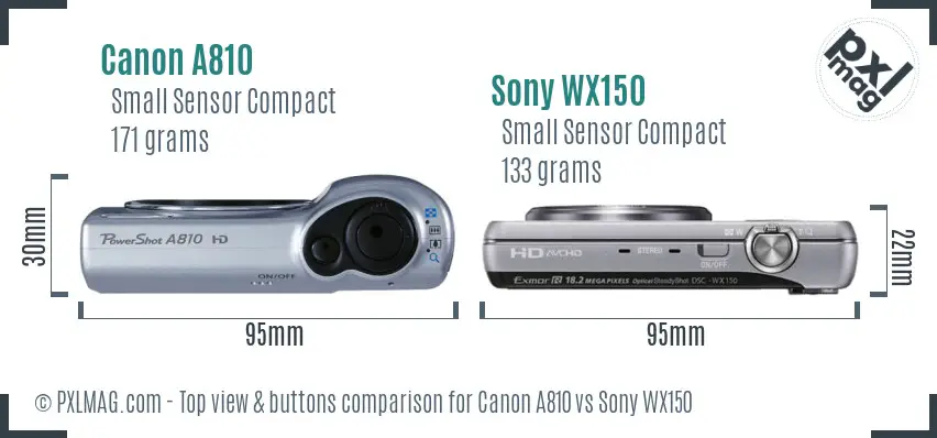 Canon A810 vs Sony WX150 top view buttons comparison Canon A810 vs Sony WX150 top view buttons comparison