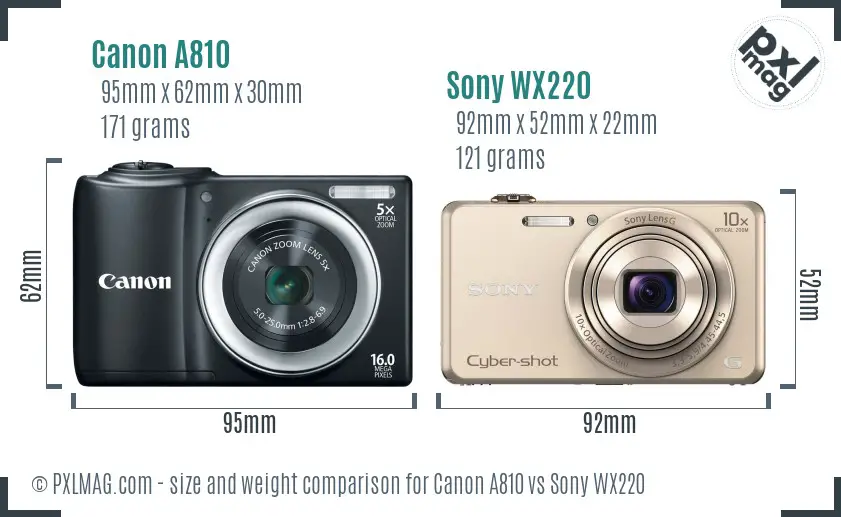 Canon A810 vs Sony WX220 size comparison