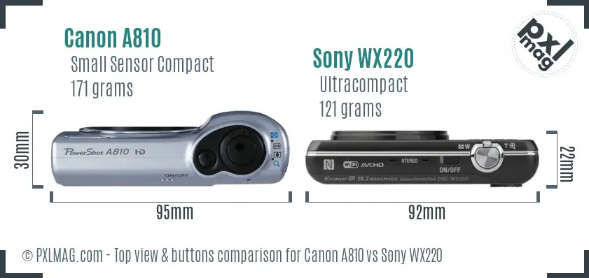 Canon A810 vs Sony WX220 top view buttons comparison