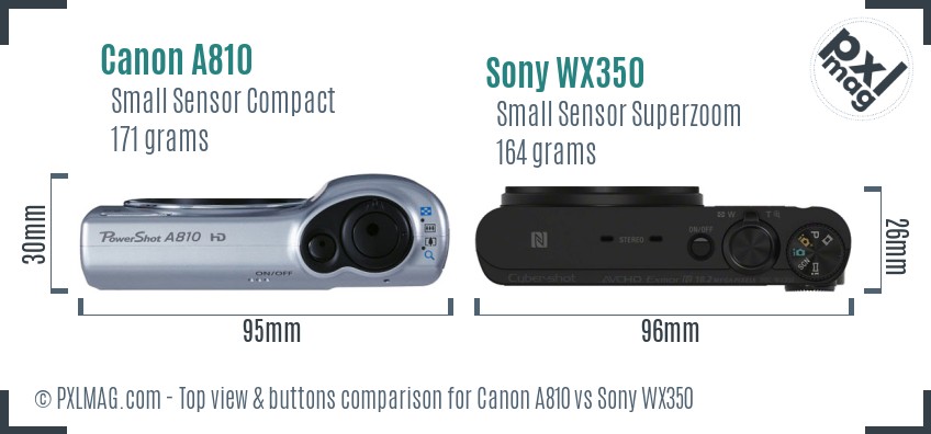 Canon A810 vs Sony WX350 top view buttons comparison
