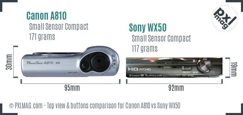 Canon A810 vs Sony WX50 top view buttons comparison