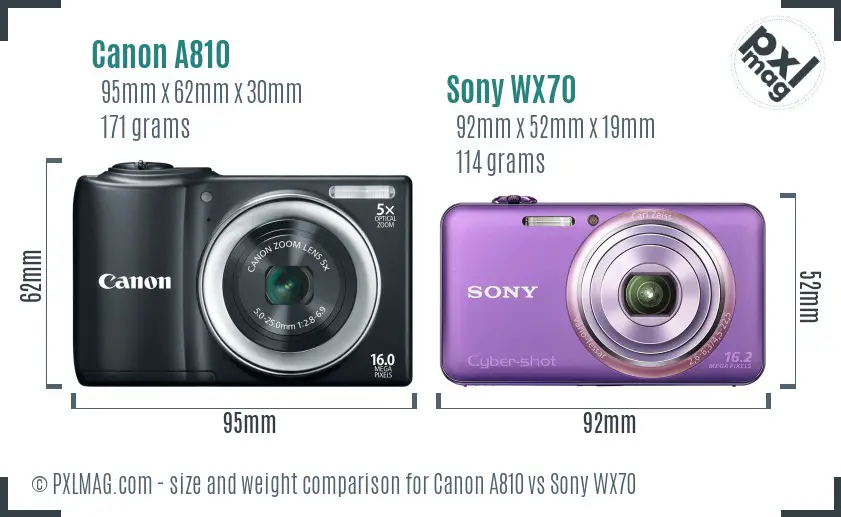 Canon A810 vs Sony WX70 size comparison