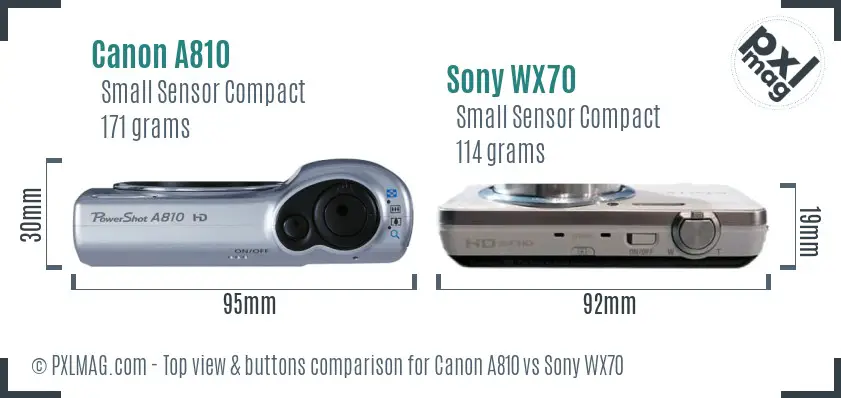 Canon A810 vs Sony WX70 top view buttons comparison